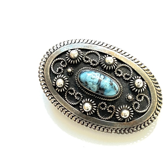 Midcentury 1940's Silver Filagree Brooch - Set with Blue stone - Picture 6 of 14
